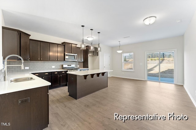 260 Curling Creek Dr Unit 235P, Clayton, NC 27527 - kitchen with appliances with stainless steel finishes, a sink, dark brown cabinets, light wood-type flooring, and tasteful backsplash