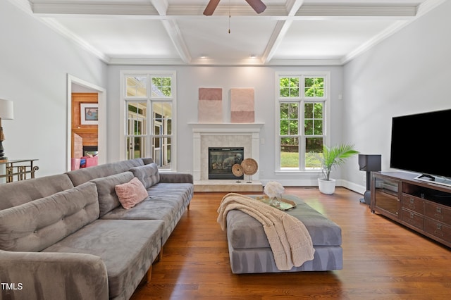 living room with coffered ceiling, a ceiling fan, wood finished floors, a fireplace, and beam ceiling