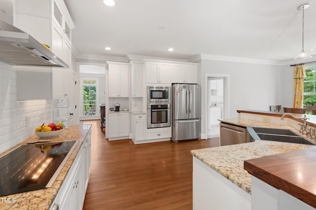 kitchen featuring stainless steel appliances, wall chimney range hood, a sink, ornamental molding, and decorative backsplash