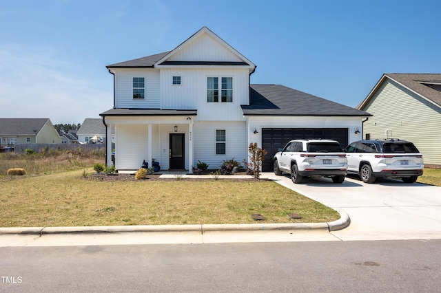 4524 Sweet Williams Ln NW, Wilson, NC 27896 - modern inspired farmhouse with a porch, roof with shingles, an attached garage, concrete driveway, and a front lawn