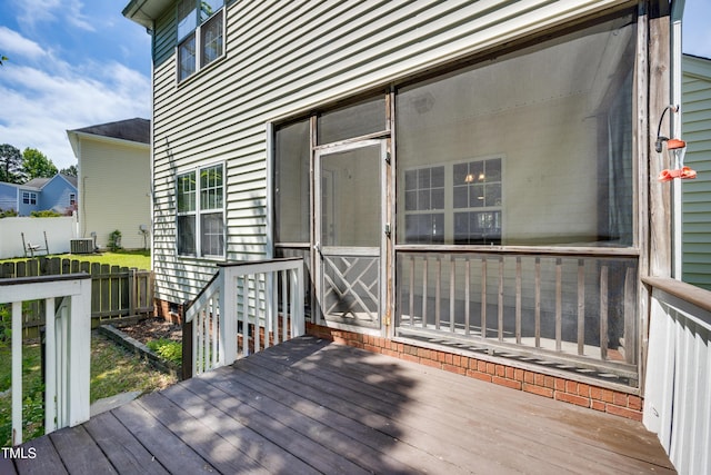 wooden terrace featuring central air condition unit and fence