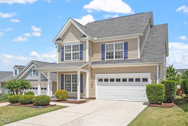 traditional-style house with driveway, an attached garage, a front yard, and roof with shingles
