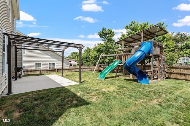 view of jungle gym with a patio area