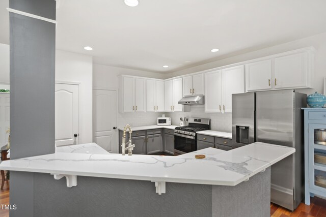 kitchen with appliances with stainless steel finishes, under cabinet range hood, gray cabinets, wood finished floors, and tasteful backsplash
