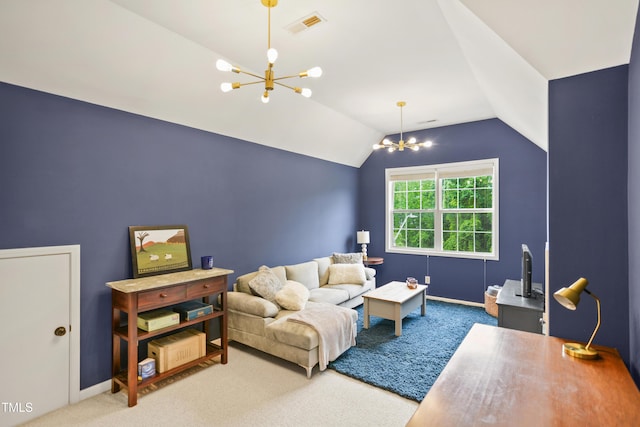 carpeted living area featuring a chandelier, vaulted ceiling, and baseboards