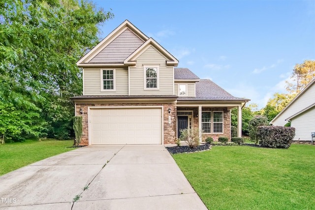 view of front of property with concrete driveway, a front yard, roof with shingles, and an attached garage