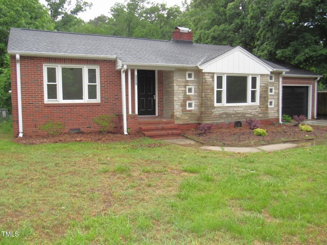 ranch-style home featuring a front lawn, an attached garage, and crawl space