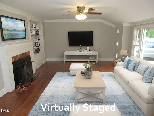 living room with built in features, baseboards, a ceiling fan, and dark wood-style floors