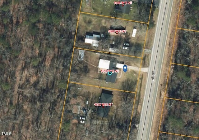 1610 W B St, Butner, NC 27509 - aerial overview of property's location with property parcel outlined