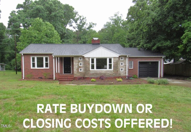1610 W B St, Butner, NC 27509 - ranch-style house with a garage, a front yard, driveway, brick siding, and stone siding