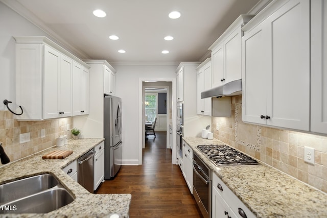 1212 Sand Pine Dr, Cary, NC 27519 - kitchen with a sink, dark wood-style floors, under cabinet range hood, appliances with stainless steel finishes, and recessed lighting