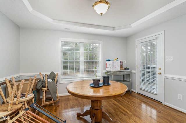 dining area featuring a healthy amount of sunlight, a tray ceiling, and wood finished floors