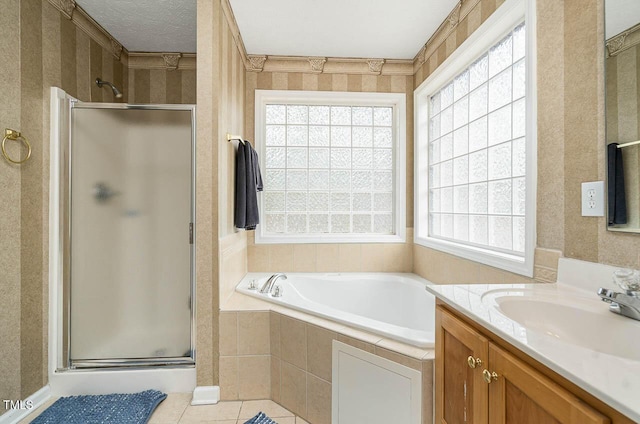 bathroom with a stall shower, a healthy amount of sunlight, and vanity