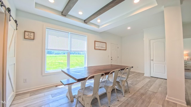 2912 Epps Clark Rd, Siler City, NC 27344 - dining area with a barn door, light wood-style floors, beamed ceiling, baseboards, and recessed lighting