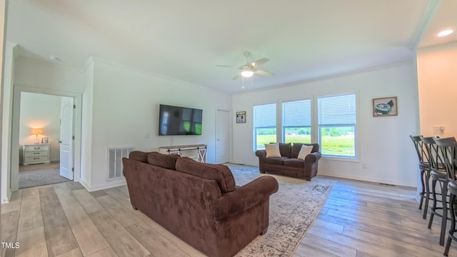 2912 Epps Clark Rd, Siler City, NC 27344 - living area with crown molding, ceiling fan, light wood-style floors, baseboards, and recessed lighting