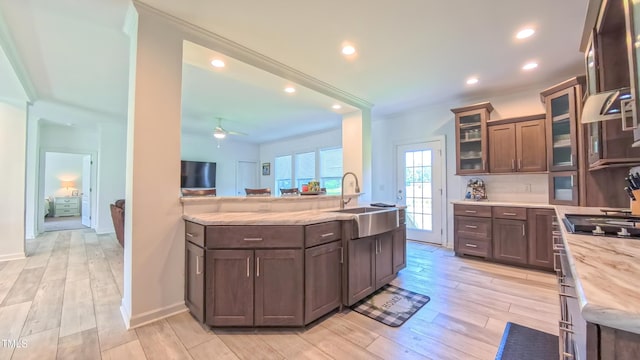 2912 Epps Clark Rd, Siler City, NC 27344 - kitchen with a sink, light wood finished floors, recessed lighting, glass insert cabinets, and stovetop