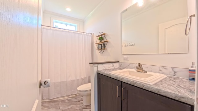 2912 Epps Clark Rd, Siler City, NC 27344 - bathroom featuring marble look tile flooring, crown molding, toilet, and vanity