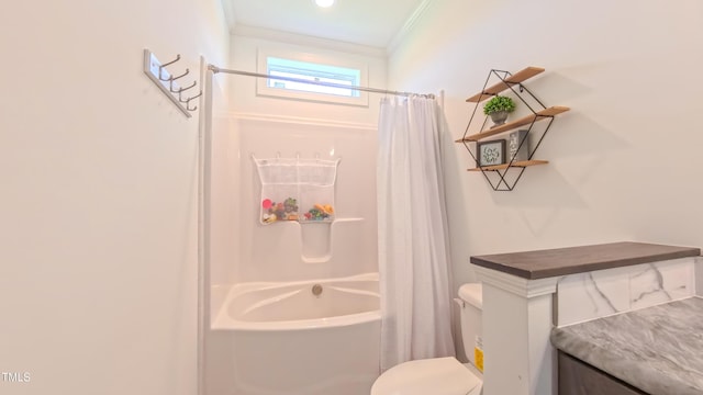2912 Epps Clark Rd, Siler City, NC 27344 - bathroom with ornamental molding, toilet, vanity, and shower / tub combo