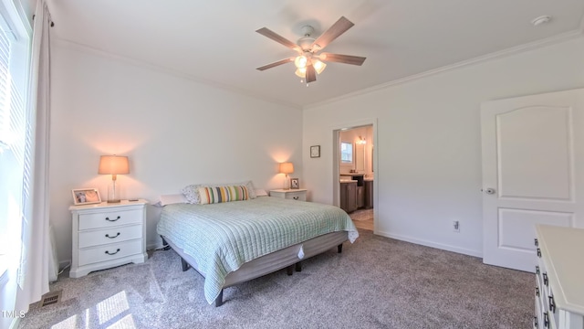 2912 Epps Clark Rd, Siler City, NC 27344 - bedroom with crown molding, light colored carpet, ensuite bath, baseboards, and a ceiling fan