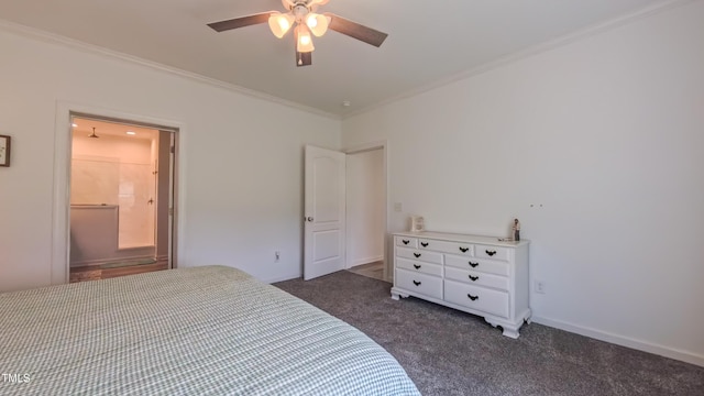 2912 Epps Clark Rd, Siler City, NC 27344 - bedroom featuring dark colored carpet, crown molding, ceiling fan, and ensuite bathroom