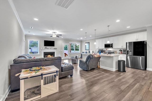 9 Little Sunshine Brk, Smithfield, NC 27577 - living area with ceiling fan, ornamental molding, recessed lighting, a warm lit fireplace, and wood finished floors