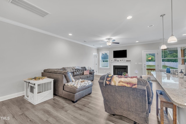 9 Little Sunshine Brk, Smithfield, NC 27577 - living area with ceiling fan, recessed lighting, wood finished floors, ornamental molding, and a fireplace