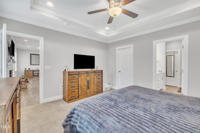 9 Little Sunshine Brk, Smithfield, NC 27577 - bedroom with ornamental molding, baseboards, recessed lighting, a tray ceiling, and light carpet