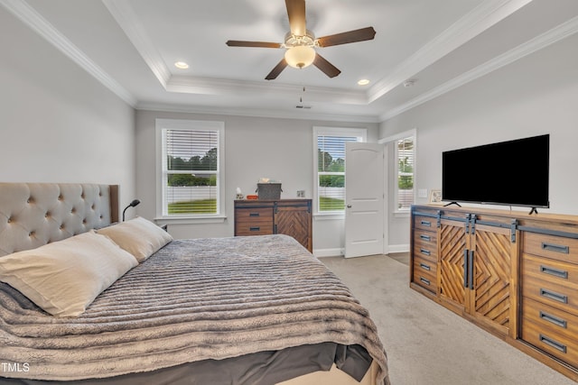 9 Little Sunshine Brk, Smithfield, NC 27577 - bedroom featuring a tray ceiling, light colored carpet, ornamental molding, baseboards, and ceiling fan