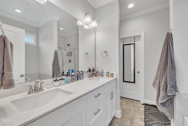 9 Little Sunshine Brk, Smithfield, NC 27577 - bathroom with a stall shower, recessed lighting, ornamental molding, double vanity, and baseboards