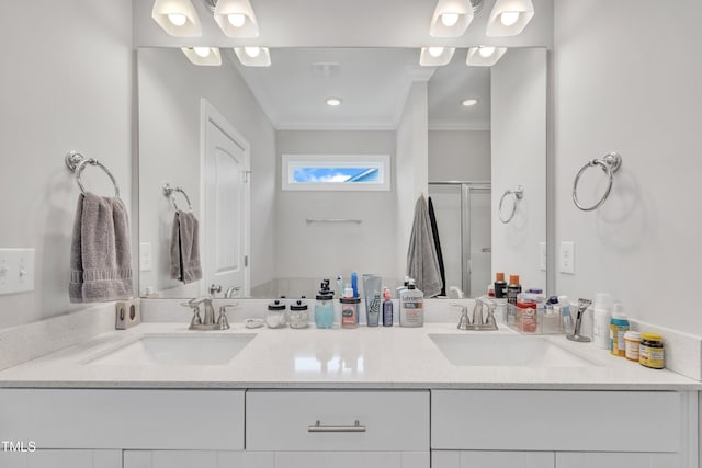 9 Little Sunshine Brk, Smithfield, NC 27577 - bathroom with ornamental molding, a stall shower, and double vanity