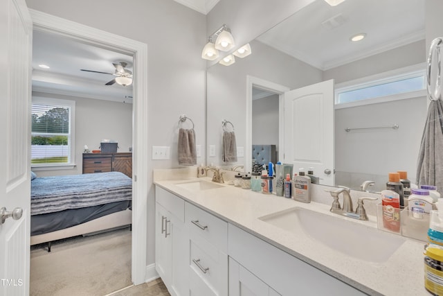 9 Little Sunshine Brk, Smithfield, NC 27577 - full bathroom featuring ornamental molding, ensuite bath, double vanity, recessed lighting, and a ceiling fan