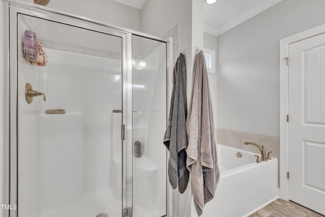 9 Little Sunshine Brk, Smithfield, NC 27577 - bathroom featuring crown molding, a shower stall, and a garden tub
