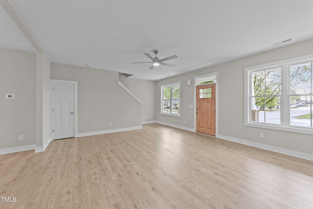 unfurnished living room featuring baseboards, ceiling fan, light wood finished floors, and visible vents