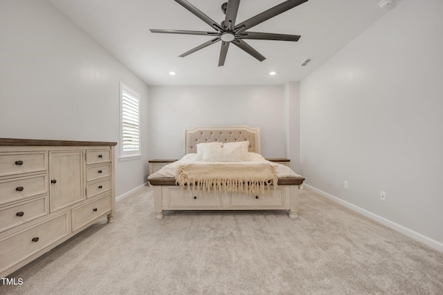 712 Emmer St, Rolesville, NC 27571 - bedroom with light carpet, baseboards, recessed lighting, and a ceiling fan