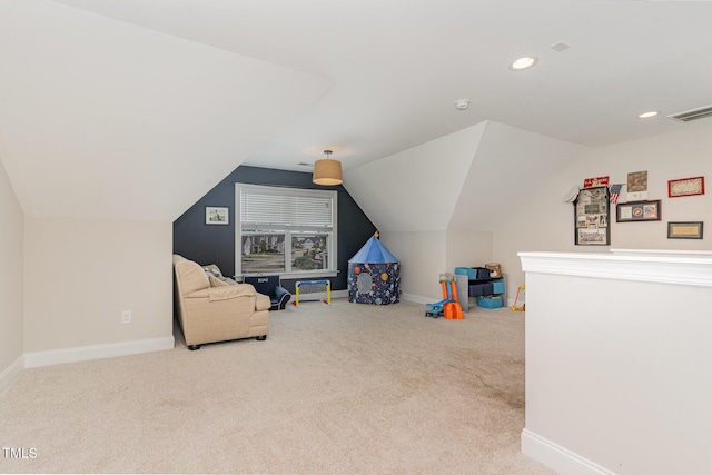 recreation room featuring carpet flooring, baseboards, lofted ceiling, and recessed lighting