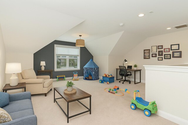 carpeted living room featuring lofted ceiling, baseboards, and recessed lighting