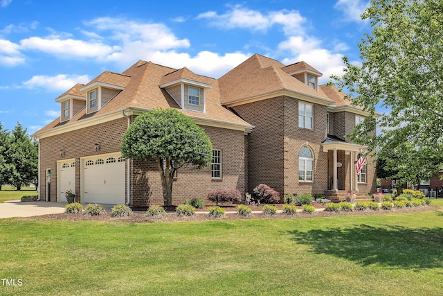 296 Shoreline Dr, Princeton, NC 27569 - view of front facade featuring brick siding, a garage, a shingled roof, concrete driveway, and a front lawn