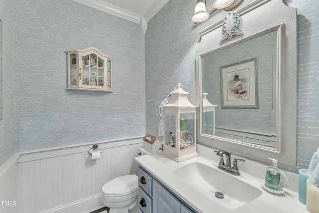 296 Shoreline Dr, Princeton, NC 27569 - bathroom with crown molding, toilet, a wainscoted wall, and vanity