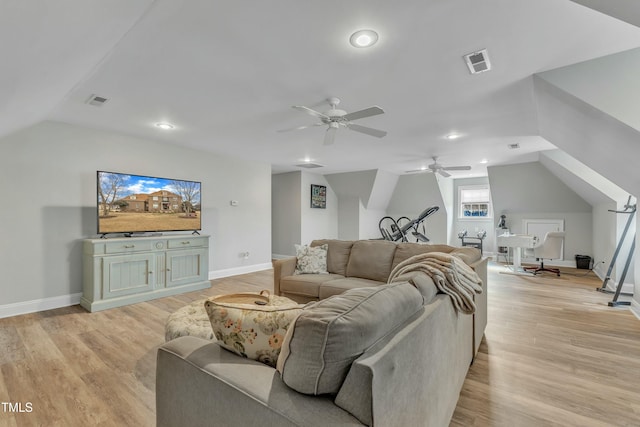 296 Shoreline Dr, Princeton, NC 27569 - living room featuring lofted ceiling, baseboards, light wood finished floors, ceiling fan, and visible vents