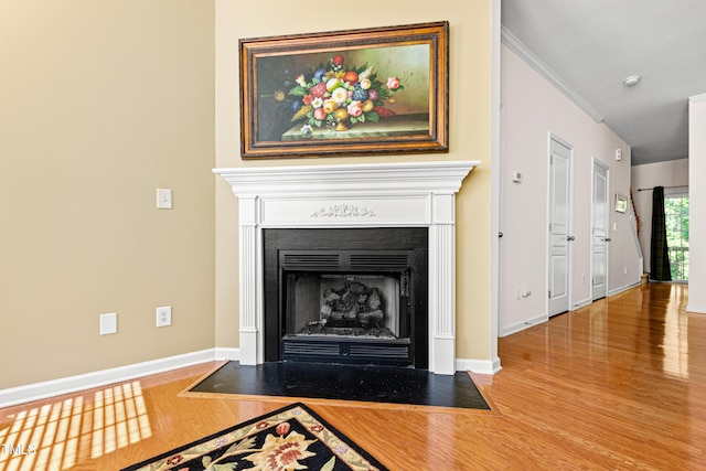 detailed view of a fireplace with flush hearth, wood finished floors, baseboards, and ornamental molding
