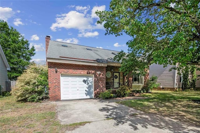 view of front facade featuring concrete driveway, brick siding, a chimney, and a garage