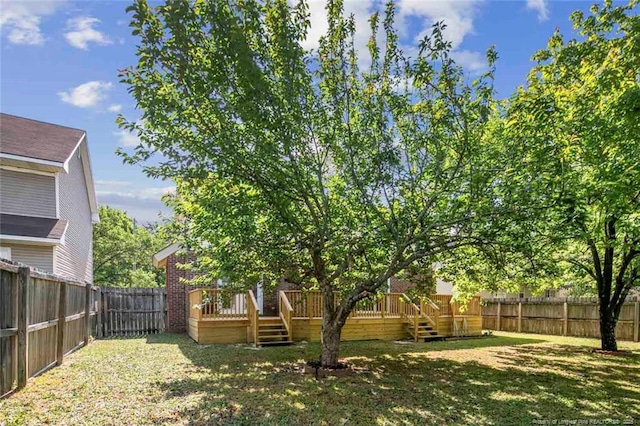 view of yard featuring a fenced backyard and a deck