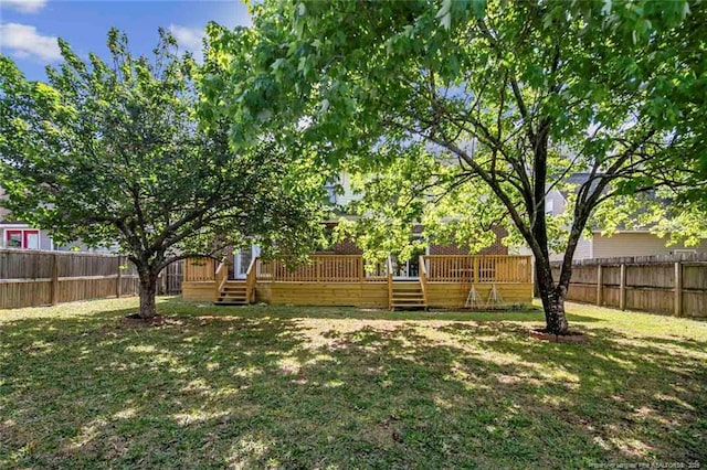 view of yard featuring a fenced backyard and a deck