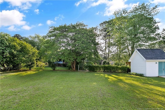 view of yard with an outdoor structure and a shed