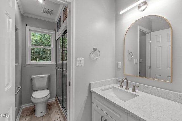 full bathroom featuring a stall shower, toilet, ornamental molding, visible vents, and vanity