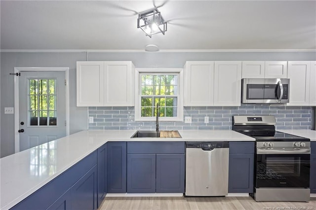 kitchen featuring backsplash, light countertops, stainless steel appliances, and a sink