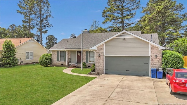 ranch-style home with a garage, a front lawn, a shingled roof, brick siding, and driveway