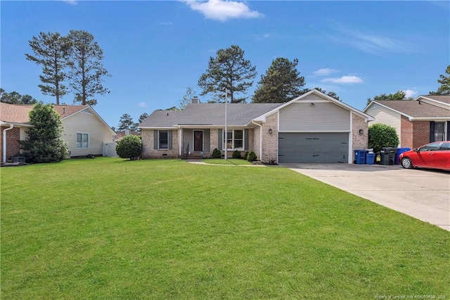 single story home featuring a front yard, brick siding, driveway, and a garage