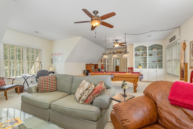 living room with pool table, a ceiling fan, and carpet flooring