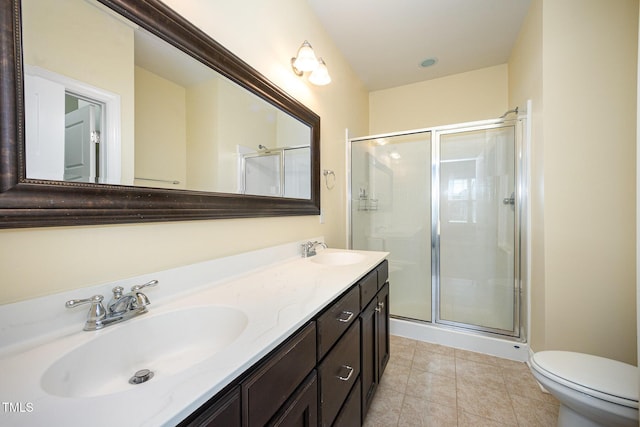 bathroom with a stall shower, toilet, double vanity, and tile patterned floors